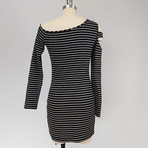 Torn Ronny Kobo Striped Cut Out Sleeve Dress Size S Cold Shoulder Black White - Picture 7 of 11